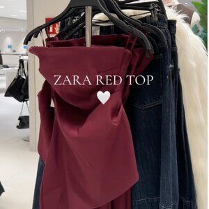ZARA ZW WOMAN ASYMMETRIC GATHERED TUBE TOP VIRAL BURGUNDY SMALL S 5644/996